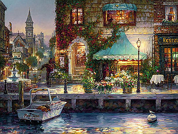 Down At The Waterfront, buildings, stores, boats, streetlamps, water HD wallpaper