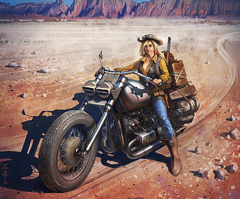 :), cowgirl, fantasy, art, motorcycle, luminos, girl, hat HD wallpaper