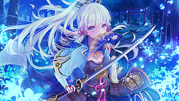 White Hair Ponytail Kamisato Ayaka With Sword Genshin Impact HD wallpaper