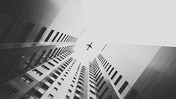 Airplane Flying Above Skyscrapers, airplane, planes, graphy, monochrome, black-and-white HD wallpaper