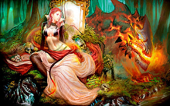 Elf, fantasy, dragon, forests, fire, woman HD wallpaper