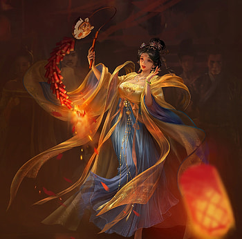 Year of the Tiger, frumusete, dancer, gorgeous, chinese, girl, orange, superb, zodiac, fantasy, red, luminos, lantern, yang ningyuan HD wallpaper