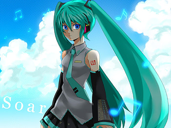 Hatsune Miku - Soar, black, song, sunlight, heads, vocaloid, song notes, miku, music, vocaloids, hatsune, aqua eyes, music notes, skirt, program, notes, white, hatsune miku, twintail, girl, headset, aqua, diva, tie, anime, aqua hair, clouds, sky, idol, virtual, micro HD wallpaper
