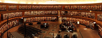 Panoramic view of a grand circular library with shelves full of books and study desks. HD wallpaper