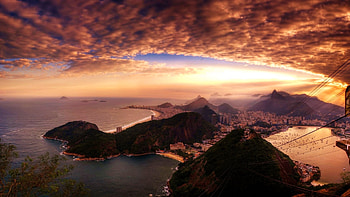 Sunset over Rio, sea, rocks, beach, twilight, clouds, nature, Olympics, sunset, ocean HD wallpaper