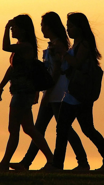 3 Friends, Girls, sunset, background HD phone wallpaper
