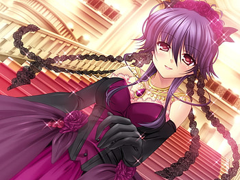 Ball, elegent, necklace, girl, beautiful, long hair, jewelry, dress, party, purple, stairs, anime, violet, lovely HD wallpaper