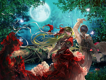 Dancing in den Fullmoon, Phantasie, Butterfly, Moon, Fantasie, Light, Love, Night, Fantasy, Boy, Wood, Fullmoon, Phantasy, Red, Stars, Mask, Girl, Dark HD wallpaper