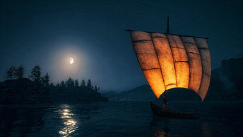 Odyssey’s Voyage, moonlight, boat, video game, Assassin's Creed Odyssey HD wallpaper