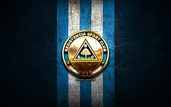 Resistencia FC, golden logo, Paraguayan Primera Division, blue metal background, football, Venezuelan football club, Resistencia SC logo, soccer, Venezuelan Primera Division, Resistencia SC HD wallpaper