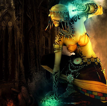 Magical Beauty, sexy, magic, bikini top, girl, beautiful, woman, fantasy, abstract, pretty, battle, game, guildwars-factions, danger, hat, female HD wallpaper