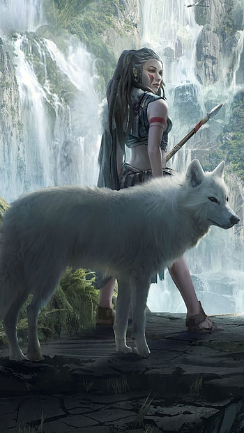 Wolfbound Valkyrie, wolf, fantasy, woman warrior HD phone wallpaper