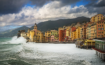 Camogli, Portofino, storm, evening, big waves, Camogli cityscape, Camogli panorama, Liguria, Italy HD wallpaper