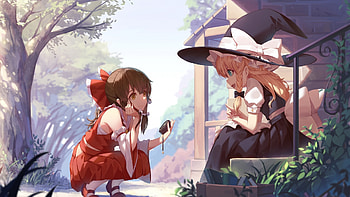 Touhou, Hakurei Reimu, Kirisame Marisa, Sitting, Blonde, Witch Hat, Summer HD wallpaper