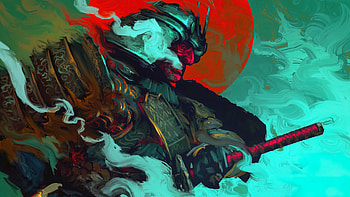 Red sun, red, samurai HD wallpaper
