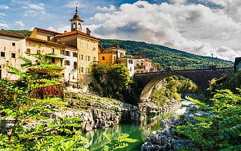 Kanal ob Soci, Kanal, mountain river, cityscape, Soca River, mountain landscape, Gorizia, Slovenia HD wallpaper