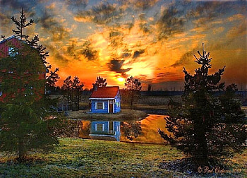 Little blue house, red barn, blue house, grass, country, gold sky, clouds, trees, reflection in water, sunset HD wallpaper