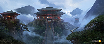 Japanese temple, bird, fantasy, art, pasare, world, alex ichim, luminos HD wallpaper