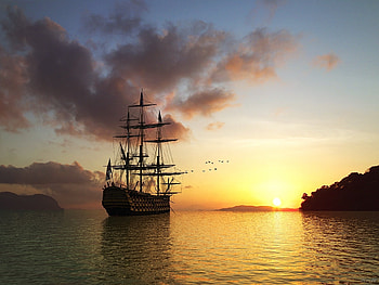 Landscape, Sunset, Ships, Sea HD wallpaper