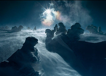 Snowstorm in Czech Mountains, light, snow, high, rocks, storm HD wallpaper