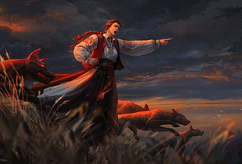 Hunting, dog, art, diana khomutina, girl, dark, witch, fantasy, red, luminos HD wallpaper