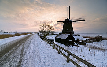 Winter, Nature, Road, Mainly Cloudy, Overcast, Fencing, Enclosure, Mill HD wallpaper