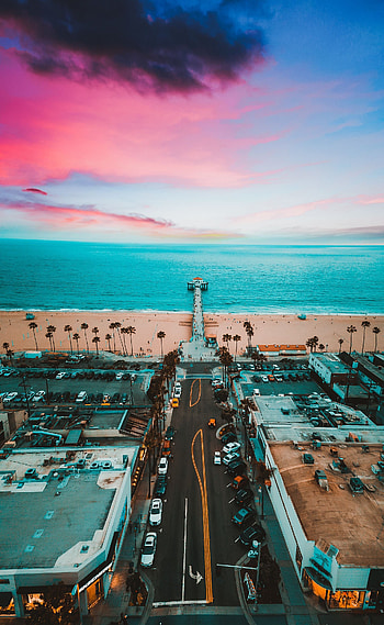 Manhattan Beach, Cities, Sunset, Sky, Usa, Horizon, Pier, Ocean, United States, Buildings HD phone wallpaper