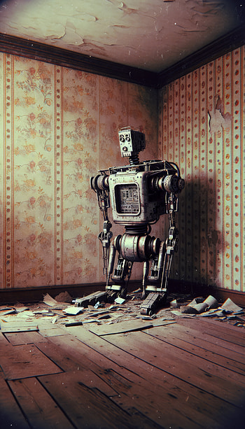 Robotic Relic in Abandoned Room, abandoned, vintage, interior, technology HD phone wallpaper