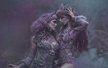 Lavender sisters, agnieszka lorek, ryo love, model, ophelia overdose, girl, woman, purple, pink, sister, flower, lavender love, couple HD wallpaper