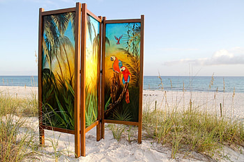 Beach Paravent, sea, artwork, sand, painting, colors, grass HD wallpaper