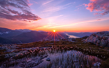 Landscape, Nature, Rivers, Sunset, Stones, Sky, Mountains, Clouds, Rocks, Lake, Shine, Light, Beams, Rays, Dahl, Distance, Serenity HD wallpaper