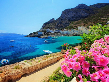 Summer Beach,Sicily, summer, sand, coast, nature, flowers, rocks, beach, mountain HD wallpaper