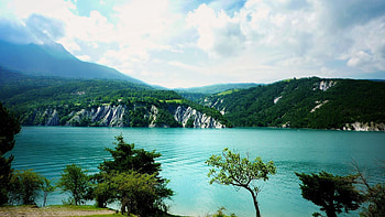 Landscape, Nature, Trees, Sky, Clouds, Bush, Lake, Shore, Surface, Shores, Azure HD wallpaper