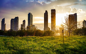 Building Cityscape Grass Sunbeam Sunrise, building, grass, sunrise, cityscape, graphy HD wallpaper