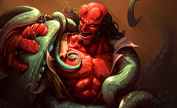 Red, Hellboy and creature, fight, art HD wallpaper