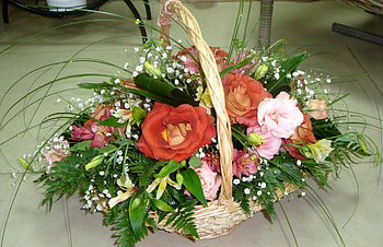 Flowers, Roses, Registration, Typography, Greens, Alstroemeria, Gypsophilus, Gipsophile, Basket HD wallpaper