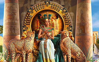 Cleopatra VII Philopator pharaoh Ancient Egypt Ptolemaic dynasty Egyptian animals cats cheetah throne color detail jewelry HD wallpaper