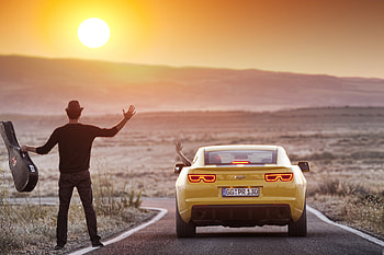 Landscape, Nature, Sun, Chevrolet, Mountain, Miscellanea, Miscellaneous, Guitar, Guy, 2012, Camaro, Situation HD wallpaper