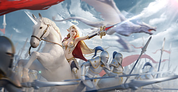 Follow me!, sword, fantasy, battle, unicorn, luminos, girl, elf, fuuym HD wallpaper