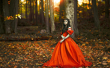 Pumpkin Gown, digital, art, trees, girl, forest HD wallpaper