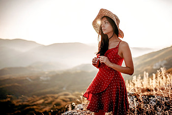 Brunette in a Polka Dot Dress, model, dress, hat, brunette, outdoors HD wallpaper