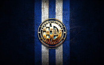 Dugopolje FC, golden logo, HNL, blue metal background, football, croatian football club, Dugopolje logo, soccer, NK Dugopolje HD wallpaper