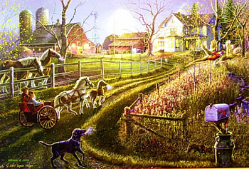Countryside Journey, dog, barn, path, people, houses, artwork, horses, coach, fence, trees HD wallpaper