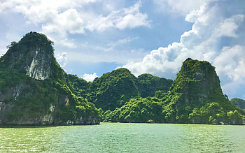 Ha Long Bay, Vietnam, clouds, sky, rocks, coast, trees HD wallpaper