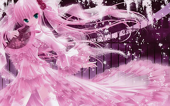 pink glitter (gown), glitter, gate, girl, fan, pink, anime, pretty, twintails, aqua eyes, gown HD wallpaper