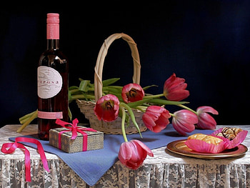 Still life, table, box, flowers, tulips, wine HD wallpaper
