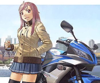honda bike, blue, nioce, racing, motorcycle, soft drink, streets, bike, skies, city, school girls, jacket, tomboy, anime, pretty, cool, girls, drink HD wallpaper