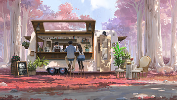 Cherry Blossom Cafe, couple, love, coffee, artist, artwork, art, digital-art, artstation HD wallpaper