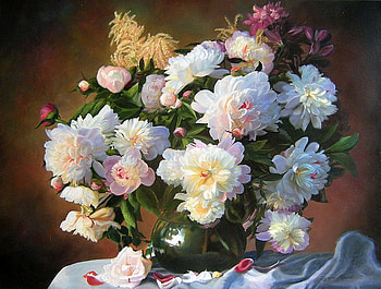 Flowers for Barb, table, bouquet, painting, petals, vase, flowers, cloth, water HD wallpaper