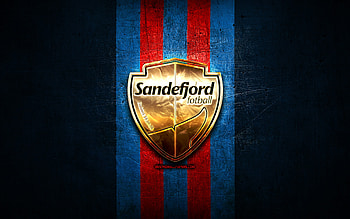 Sandefjord FC, golden logo, Eliteserien, blue metal background, football, norwegian football club, Sandefjord Fotball logo, soccer, Sandefjord Fotball HD wallpaper